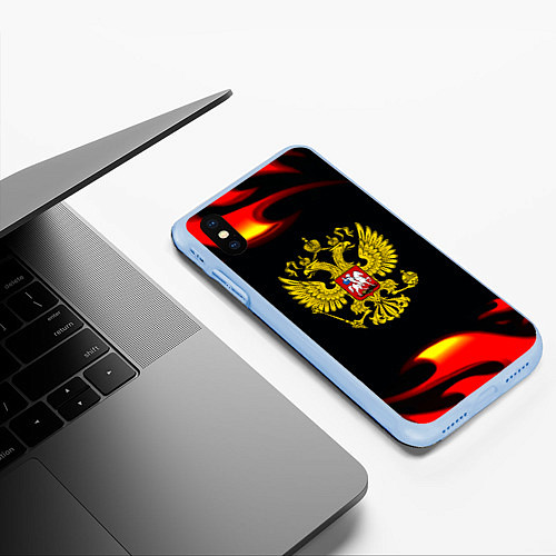 Чехол iPhone XS Max матовый Герб РФ огонь / 3D-Голубой – фото 3