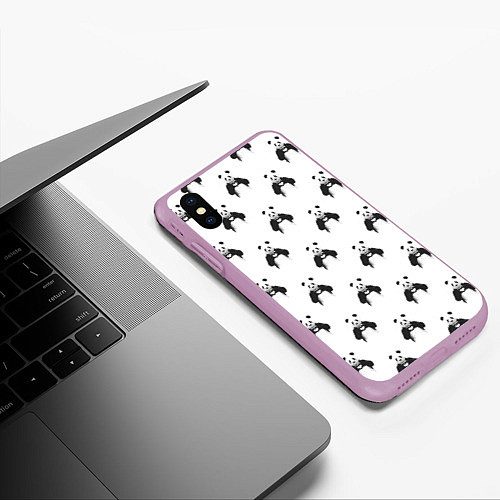 Чехол iPhone XS Max матовый Panda love - pattern / 3D-Сиреневый – фото 3