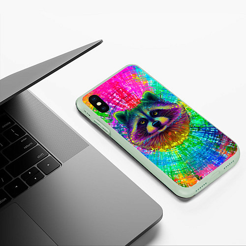 Чехол iPhone XS Max матовый Цветной енот / 3D-Салатовый – фото 3