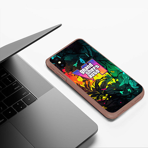 Чехол iPhone XS Max матовый GTA 6 logo абстрактные листья / 3D-Коричневый – фото 3