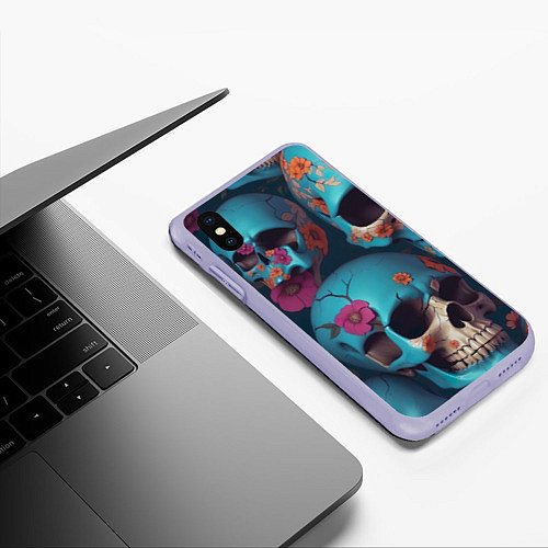 Чехол iPhone XS Max матовый Черепа с цветами синие / 3D-Светло-сиреневый – фото 3