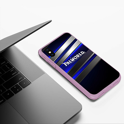 Чехол iPhone XS Max матовый Palworld logo синие и серебристые полосы / 3D-Сиреневый – фото 3