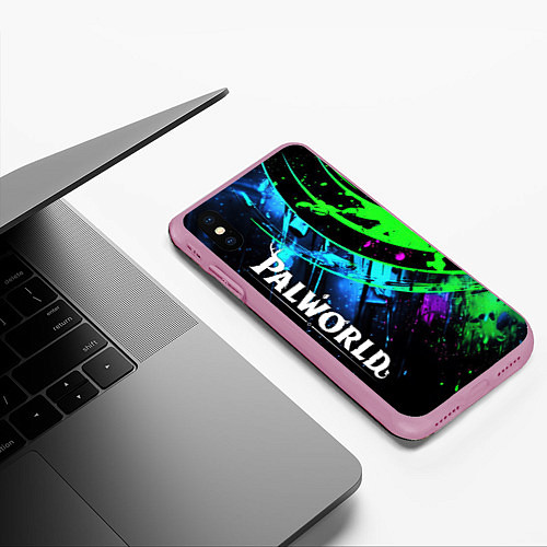 Чехол iPhone XS Max матовый Palworld логотип абстракт на темно-зеленом фоне / 3D-Розовый – фото 3