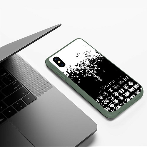 Чехол iPhone XS Max матовый Fullmetal Alchemist текстура иероглифы / 3D-Темно-зеленый – фото 3