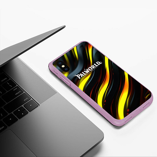 Чехол iPhone XS Max матовый Palworld логотип золотые и черные волны / 3D-Сиреневый – фото 3