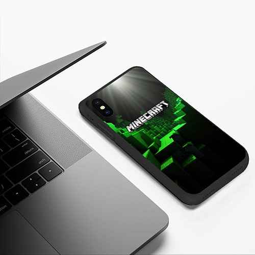 Чехол iPhone XS Max матовый Minecraft logo зеленые яркие плитки / 3D-Черный – фото 3