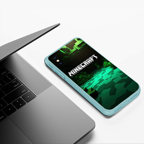 Чехол iPhone XS Max матовый Minecraft logo зеленый яркий мир / 3D-Мятный – фото 3