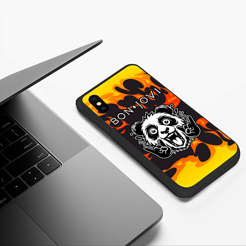 Чехол iPhone XS Max матовый Bon Jovi рок панда и огонь / 3D-Черный – фото 3