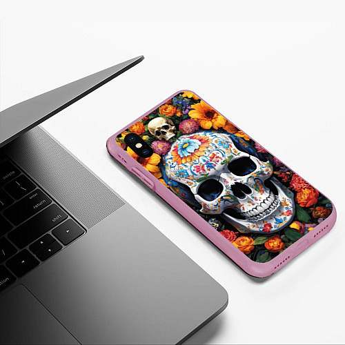 Чехол iPhone XS Max матовый Bright colors and a skull / 3D-Розовый – фото 3