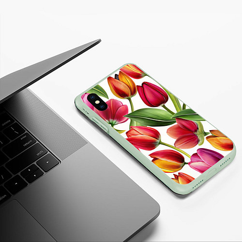 Чехол iPhone XS Max матовый Паттерн с тюльпанами / 3D-Салатовый – фото 3