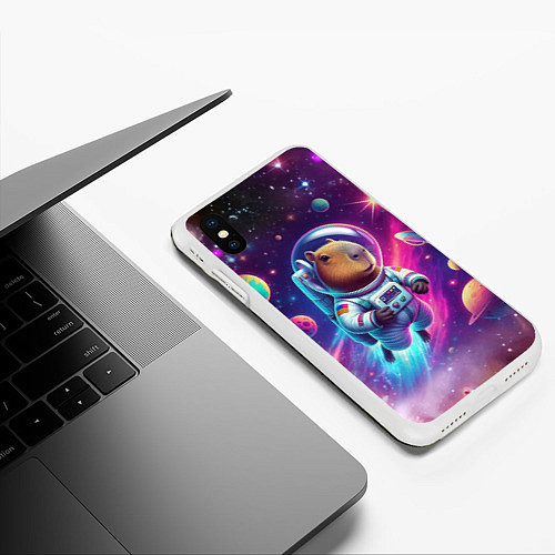 Чехол iPhone XS Max матовый Космонавт капибара в неоновом космосе / 3D-Белый – фото 3