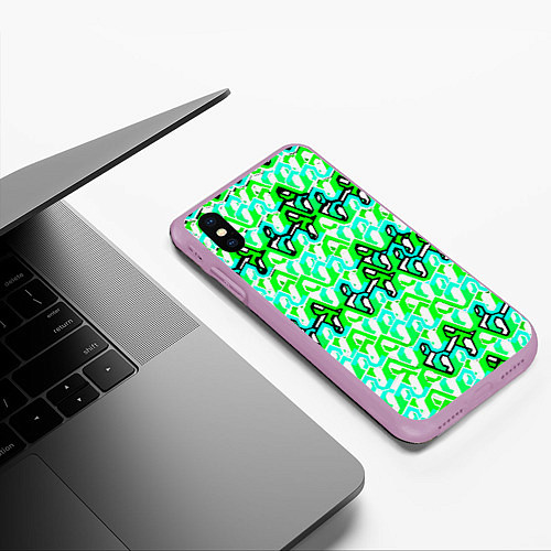 Чехол iPhone XS Max матовый Зелёный узор и бело-чёрная обводка / 3D-Сиреневый – фото 3