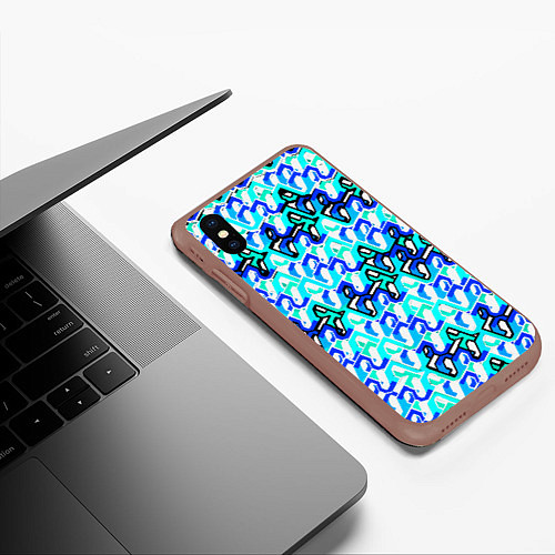 Чехол iPhone XS Max матовый Синий узор и бело-чёрная обводка / 3D-Коричневый – фото 3