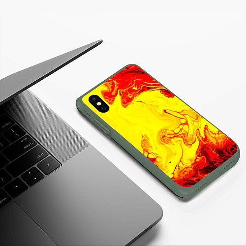 Чехол iPhone XS Max матовый Красные и желтые разводы / 3D-Темно-зеленый – фото 3