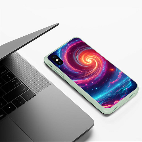 Чехол iPhone XS Max матовый Яркая неоновая галактика - нейросеть / 3D-Салатовый – фото 3