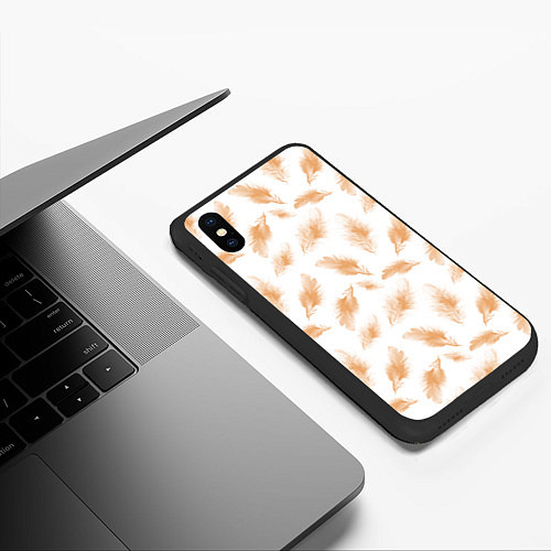 Чехол iPhone XS Max матовый Бежевые перья на белом фоне / 3D-Черный – фото 3