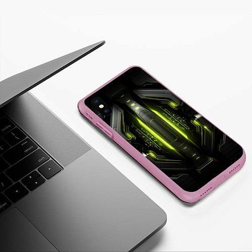 Чехол iPhone XS Max матовый Яркая зеленая неоновая киберброня / 3D-Розовый – фото 3
