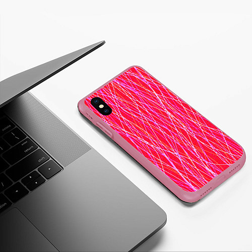 Чехол iPhone XS Max матовый Яркий красно-розовый полосы / 3D-Малиновый – фото 3