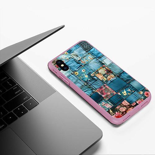 Чехол iPhone XS Max матовый Джинсовые лоскуты с цветочками / 3D-Розовый – фото 3