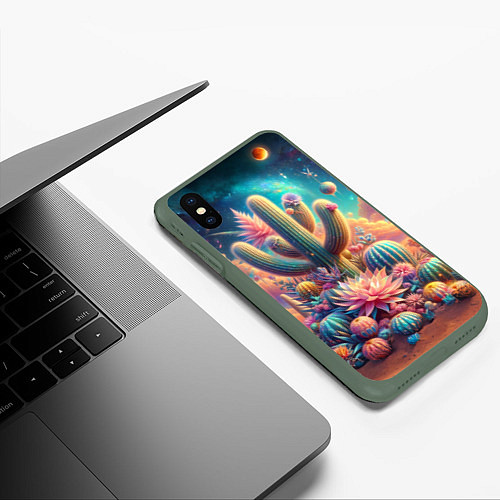 Чехол iPhone XS Max матовый Кактусы цветущие под космическим небом / 3D-Темно-зеленый – фото 3