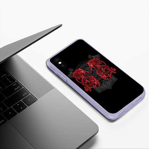 Чехол iPhone XS Max матовый Кельтский узор с волком и топорами / 3D-Светло-сиреневый – фото 3
