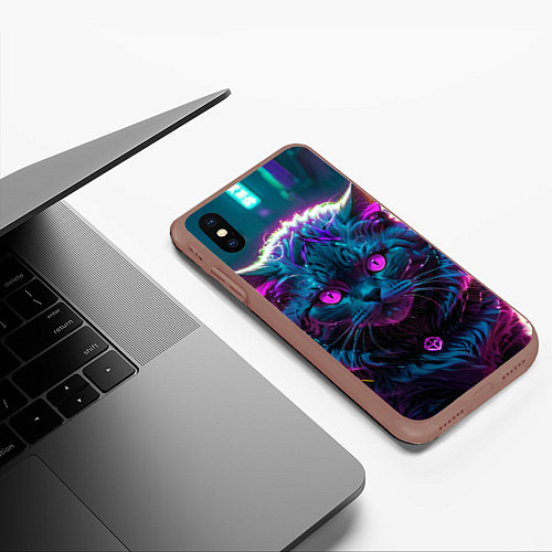 Чехол iPhone XS Max матовый Кот киберпанк с розовыми глазами / 3D-Коричневый – фото 3