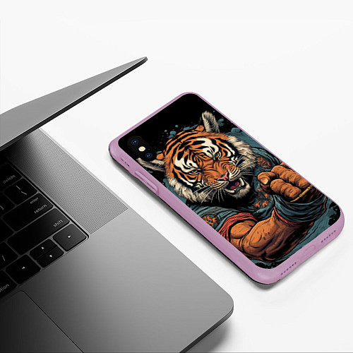 Чехол iPhone XS Max матовый Тигр в стойке тайский бокс / 3D-Сиреневый – фото 3