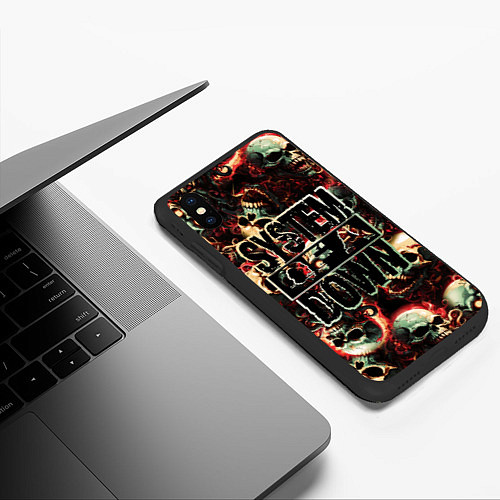 Чехол iPhone XS Max матовый System of a Down на фоне черепов / 3D-Черный – фото 3