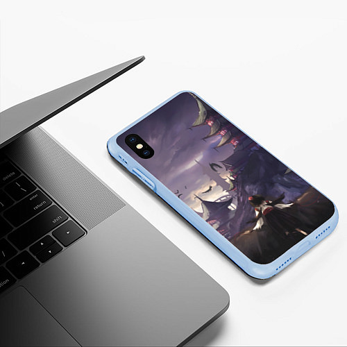 Чехол iPhone XS Max матовый Touhou Project Aya Шамеймару город на фоне / 3D-Голубой – фото 3