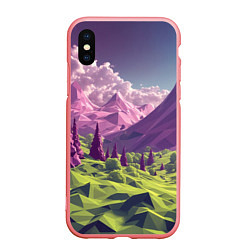 Чехол iPhone XS Max матовый Геометрический зеленый пейзаж и фиолетовые горы, цвет: 3D-баблгам