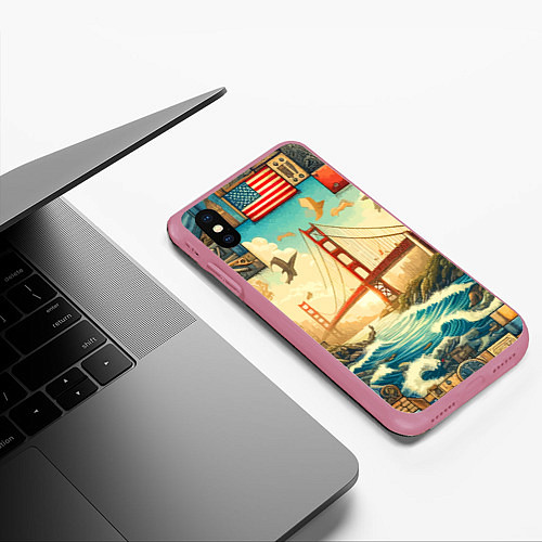 Чехол iPhone XS Max матовый Мост через реку и пэчворк - нейросеть арт USA brid / 3D-Малиновый – фото 3