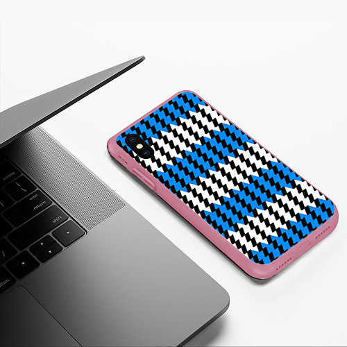 Чехол iPhone XS Max матовый Вертикальные бело-синие полосы / 3D-Малиновый – фото 3