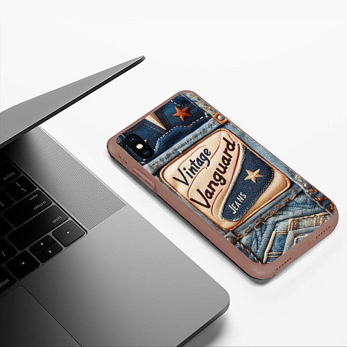 Чехол iPhone XS Max матовый Vintage vanguard jeans - patchwork / 3D-Коричневый – фото 3