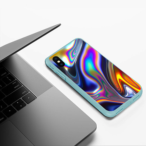 Чехол iPhone XS Max матовый Абстрактный разноцветный жидкий металл / 3D-Мятный – фото 3