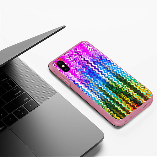 Чехол iPhone XS Max матовый Разноцветные волнистые полосы / 3D-Малиновый – фото 3