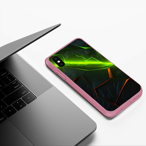 Чехол iPhone XS Max матовый Green neon abstract geometry / 3D-Малиновый – фото 3