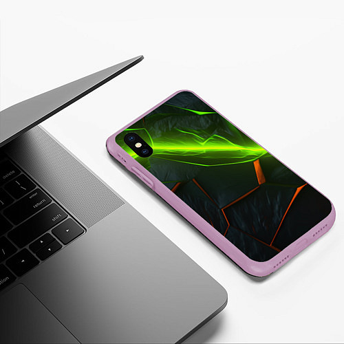 Чехол iPhone XS Max матовый Green neon abstract geometry / 3D-Сиреневый – фото 3