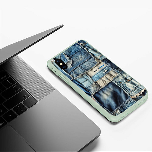 Чехол iPhone XS Max матовый Patchwork denim - vogue / 3D-Салатовый – фото 3