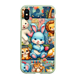 Чехол iPhone XS Max матовый Funny hare and his friends - patchwork, цвет: 3D-салатовый