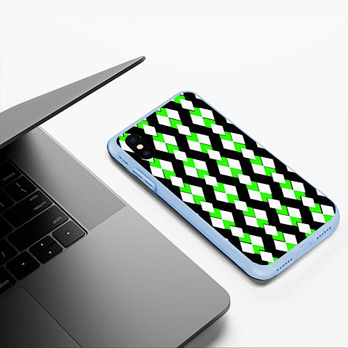 Чехол iPhone XS Max матовый Зелёные и белые ромбы на чёрном фоне / 3D-Голубой – фото 3