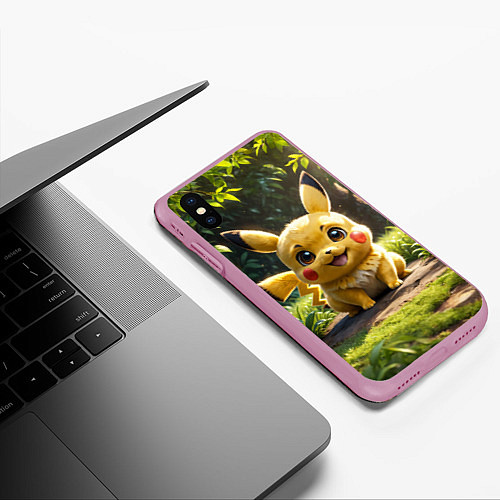 Чехол iPhone XS Max матовый Покемон Пикачу среди зеленой травы / 3D-Розовый – фото 3