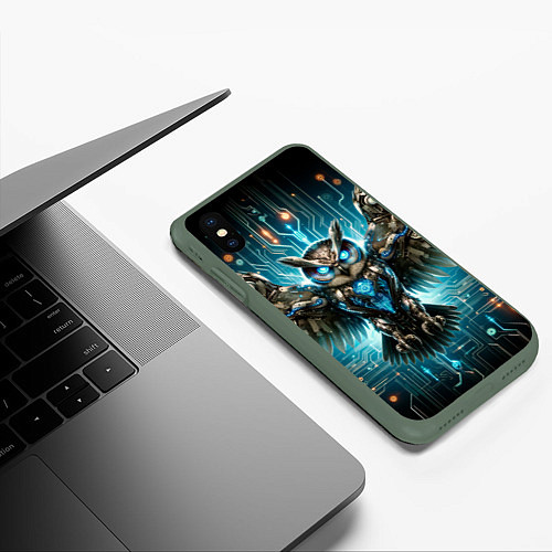 Чехол iPhone XS Max матовый Величественная кибернетическая сова на фоне футури / 3D-Темно-зеленый – фото 3