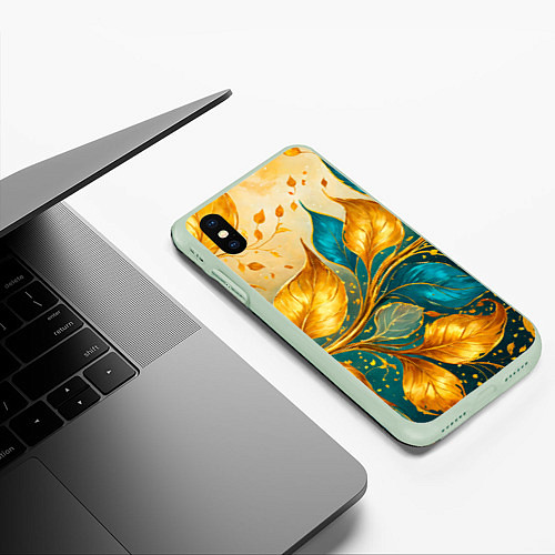 Чехол iPhone XS Max матовый Листья абстрактные золото и бирюза / 3D-Салатовый – фото 3