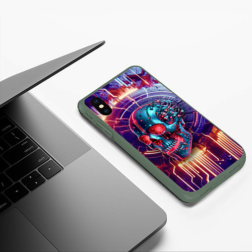 Чехол iPhone XS Max матовый Cyber art skull - steel metal / 3D-Темно-зеленый – фото 3