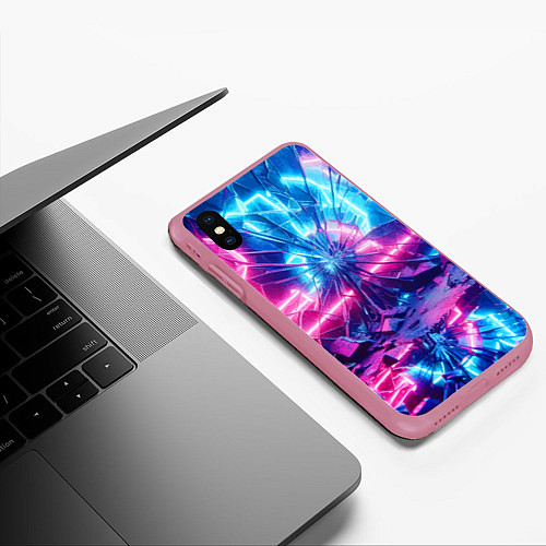 Чехол iPhone XS Max матовый Разбитая неоновая вывеска - мегаполис / 3D-Малиновый – фото 3