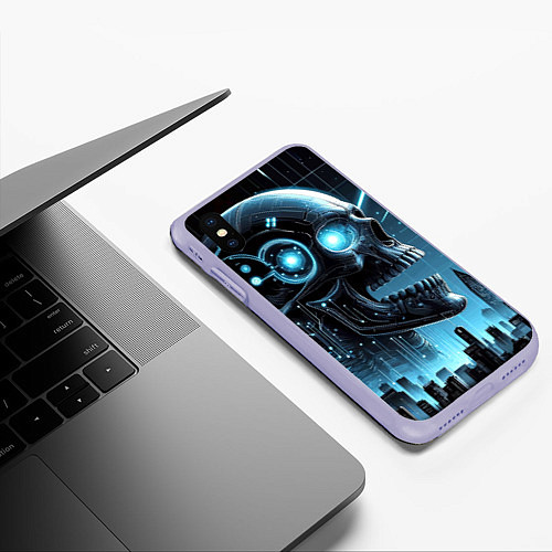Чехол iPhone XS Max матовый Cyberpunk skull - metropolis neon glow / 3D-Светло-сиреневый – фото 3