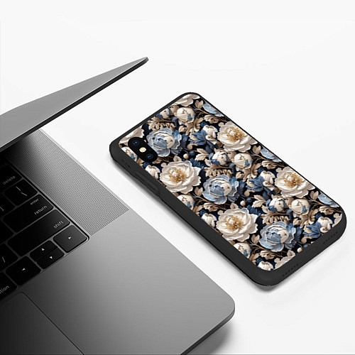 Чехол iPhone XS Max матовый Нежные голубые и белые пионы / 3D-Черный – фото 3