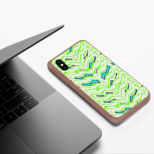 Чехол iPhone XS Max матовый Агрессивный бело-зелёный паттерн / 3D-Коричневый – фото 3