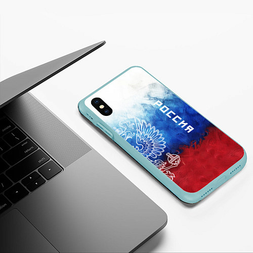 Чехол iPhone XS Max матовый Герб России и флаг / 3D-Мятный – фото 3