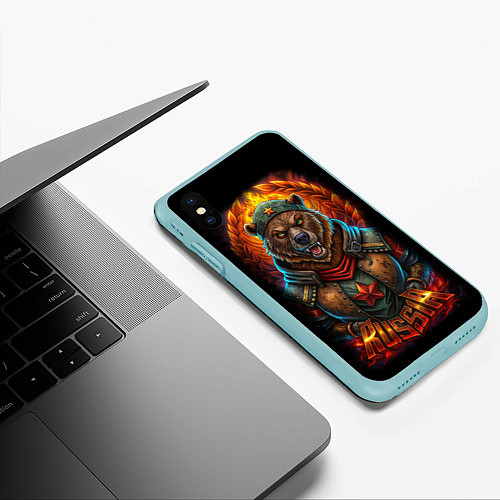 Чехол iPhone XS Max матовый Русский военный медведь солдат / 3D-Мятный – фото 3